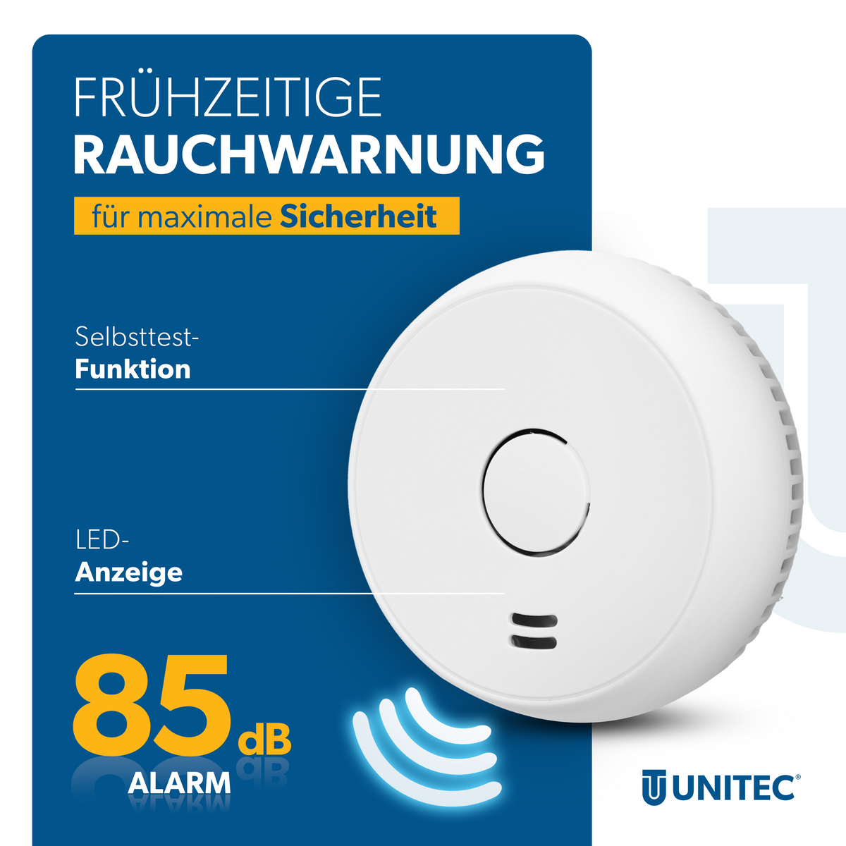 Rauchmelder mit 85 dB Alarm, Selbsttest und LED-Anzeige.