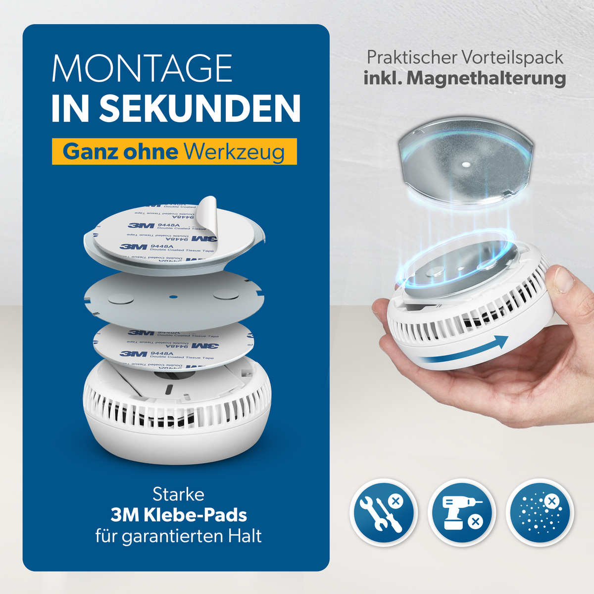 Montage ohne Werkzeug mit 3M Klebepads und Magnethalterung.