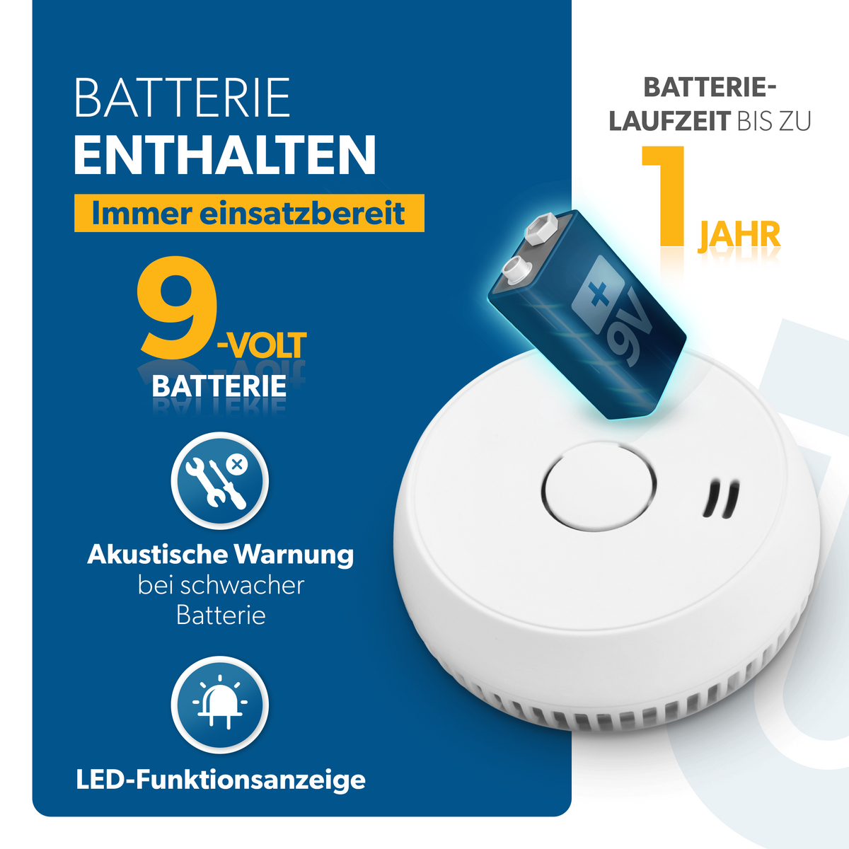 Rauchmelder mit 9V Batterie, akustischer Warnung und LED-Anzeige.