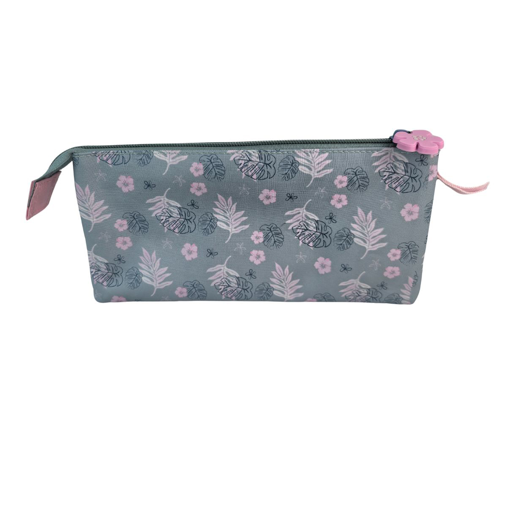 Una pochette verde acqua con fantasia di fiori e foglie rosa.