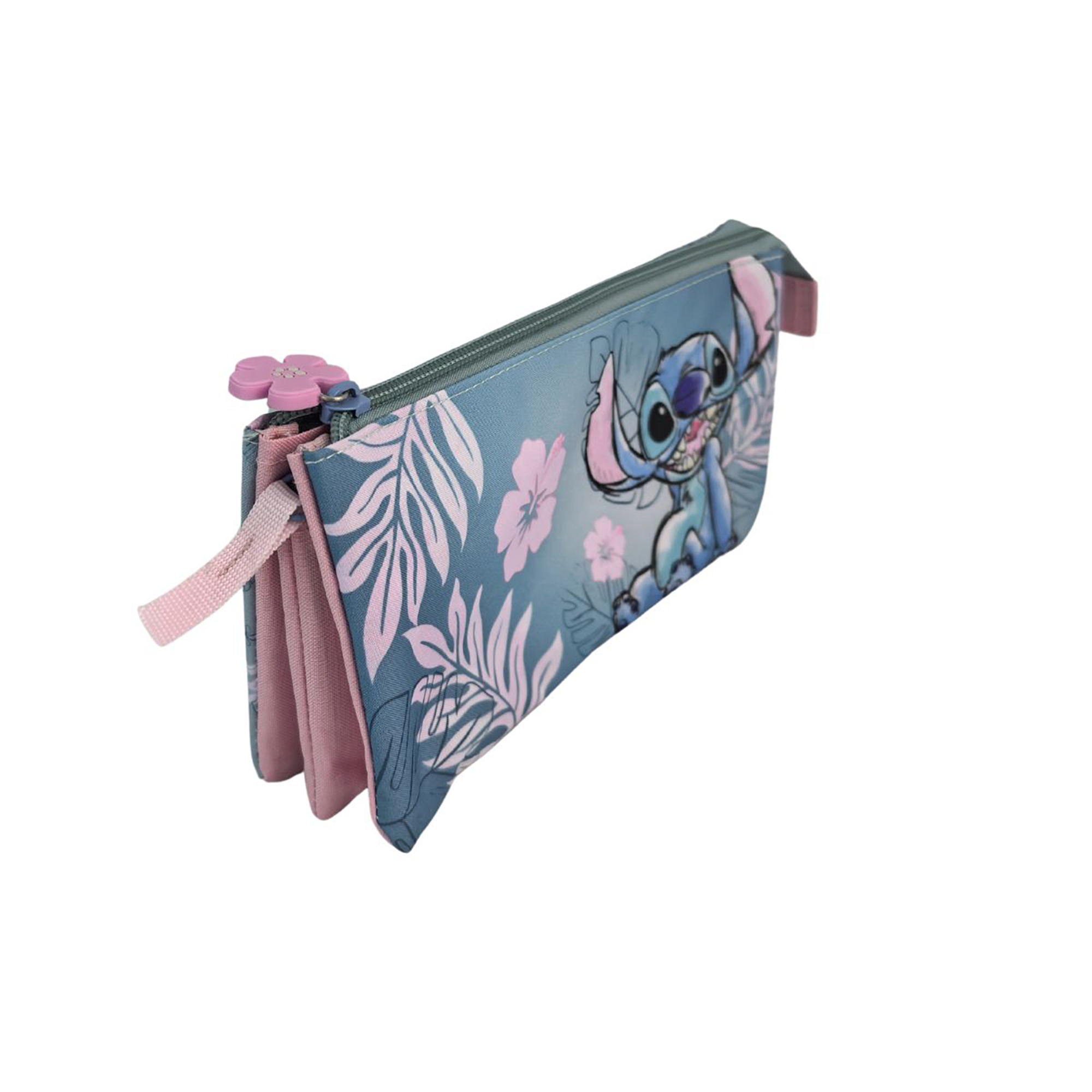 Beauty case blu con Stitch e foglie rosa, con tiretto a forma di fiore rosa.