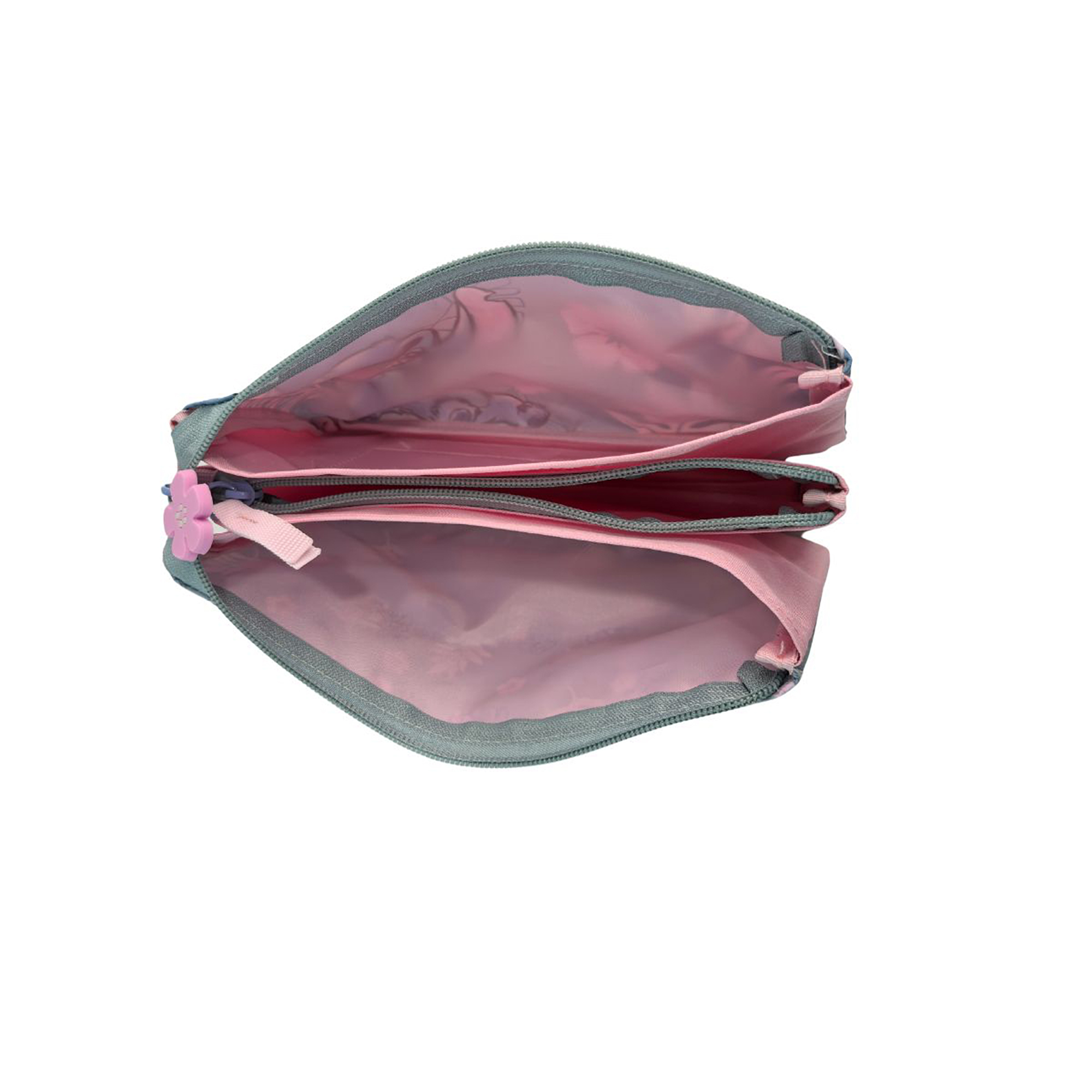 Un astuccio aperto con interno rosa e tirazip a forma di fiore.
