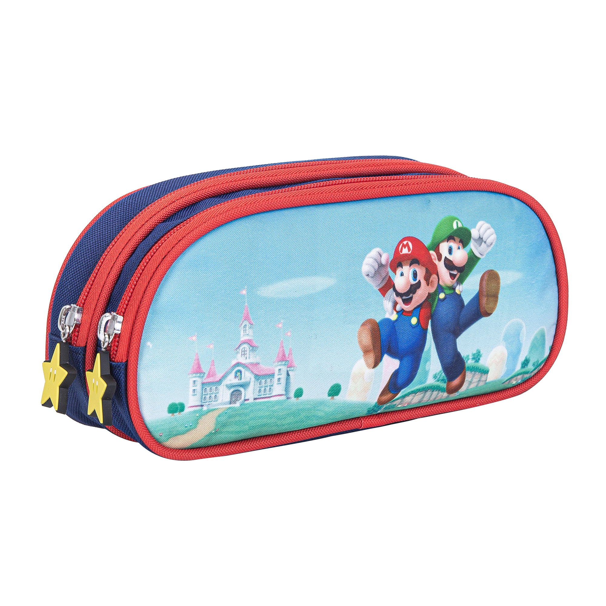 Astuccio con Mario e Luigi davanti a un castello. Borsa blu con cerniere rosse.