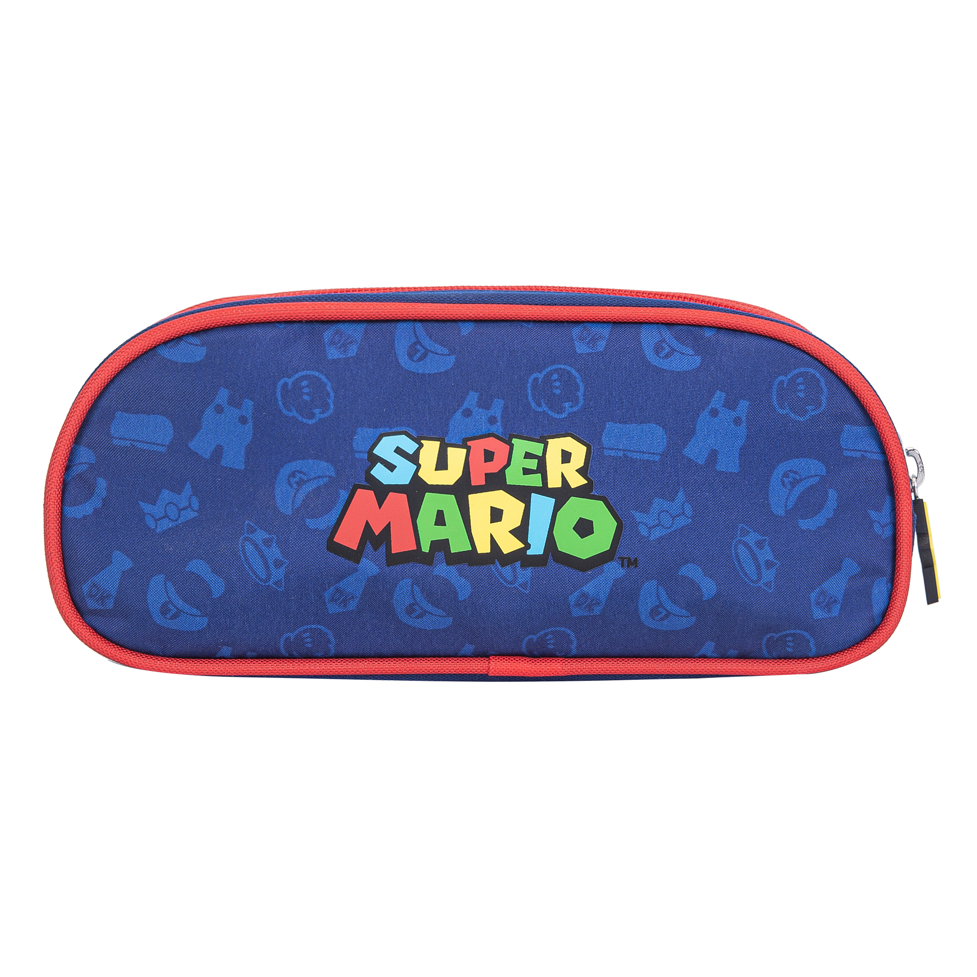 Astuccio blu con logo Super Mario e icone ripetute.