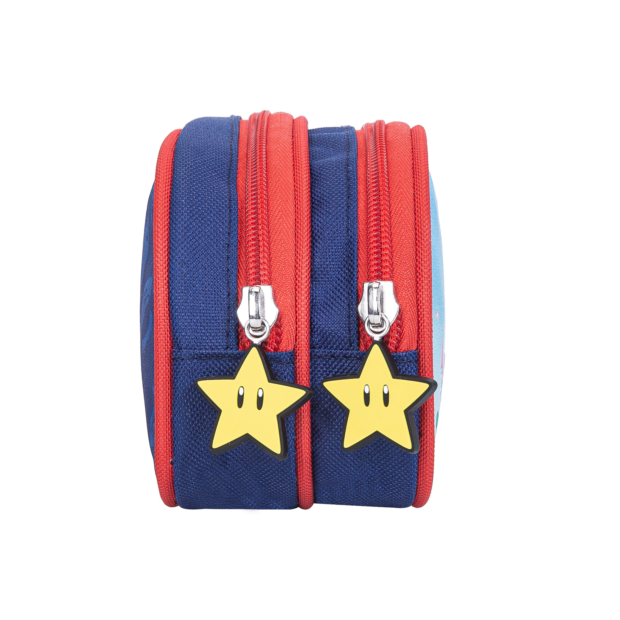 Zaino blu e rosso con due tiretti a forma di stella gialla.