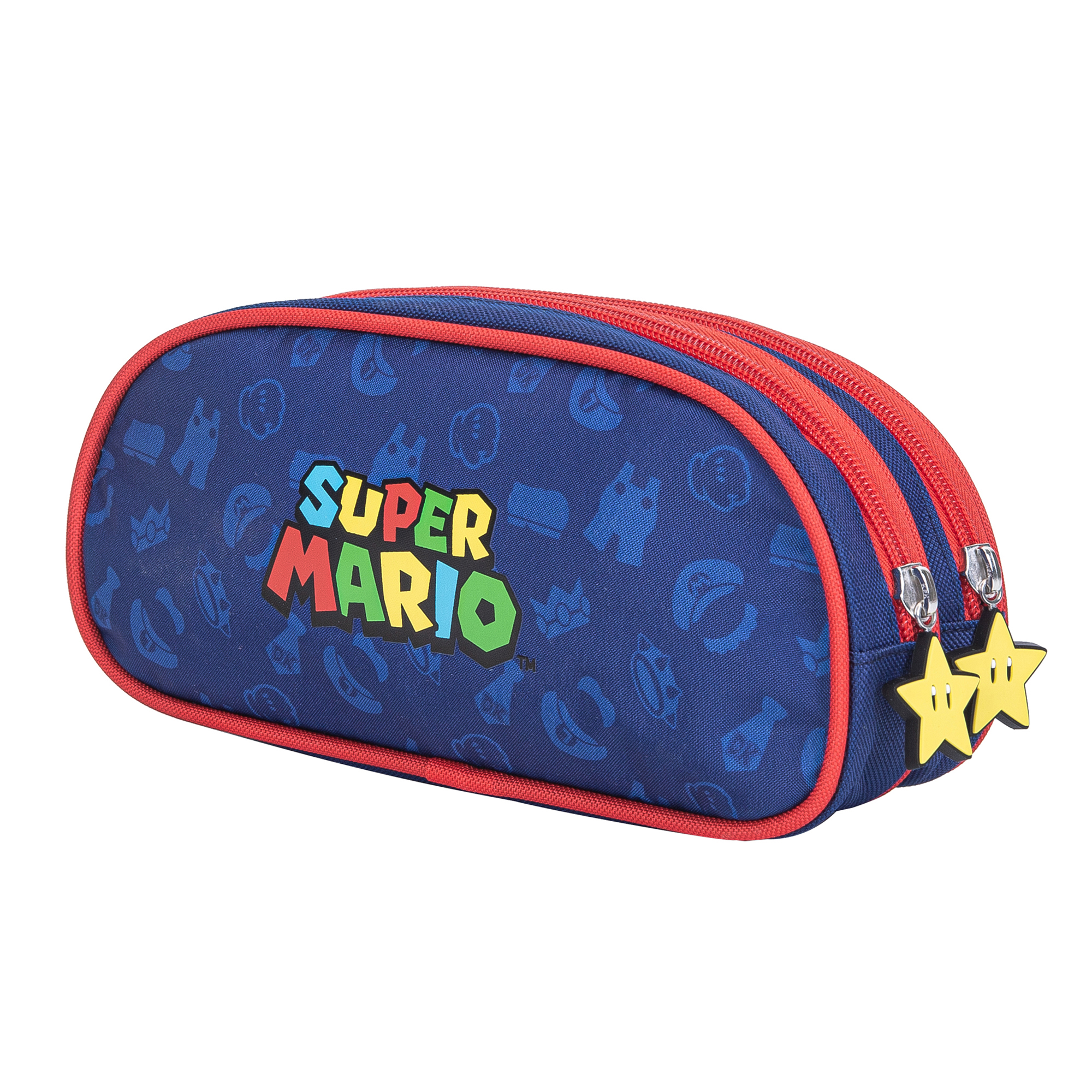 Un astuccio blu con stampa Super Mario e ciondoli a forma di stella.