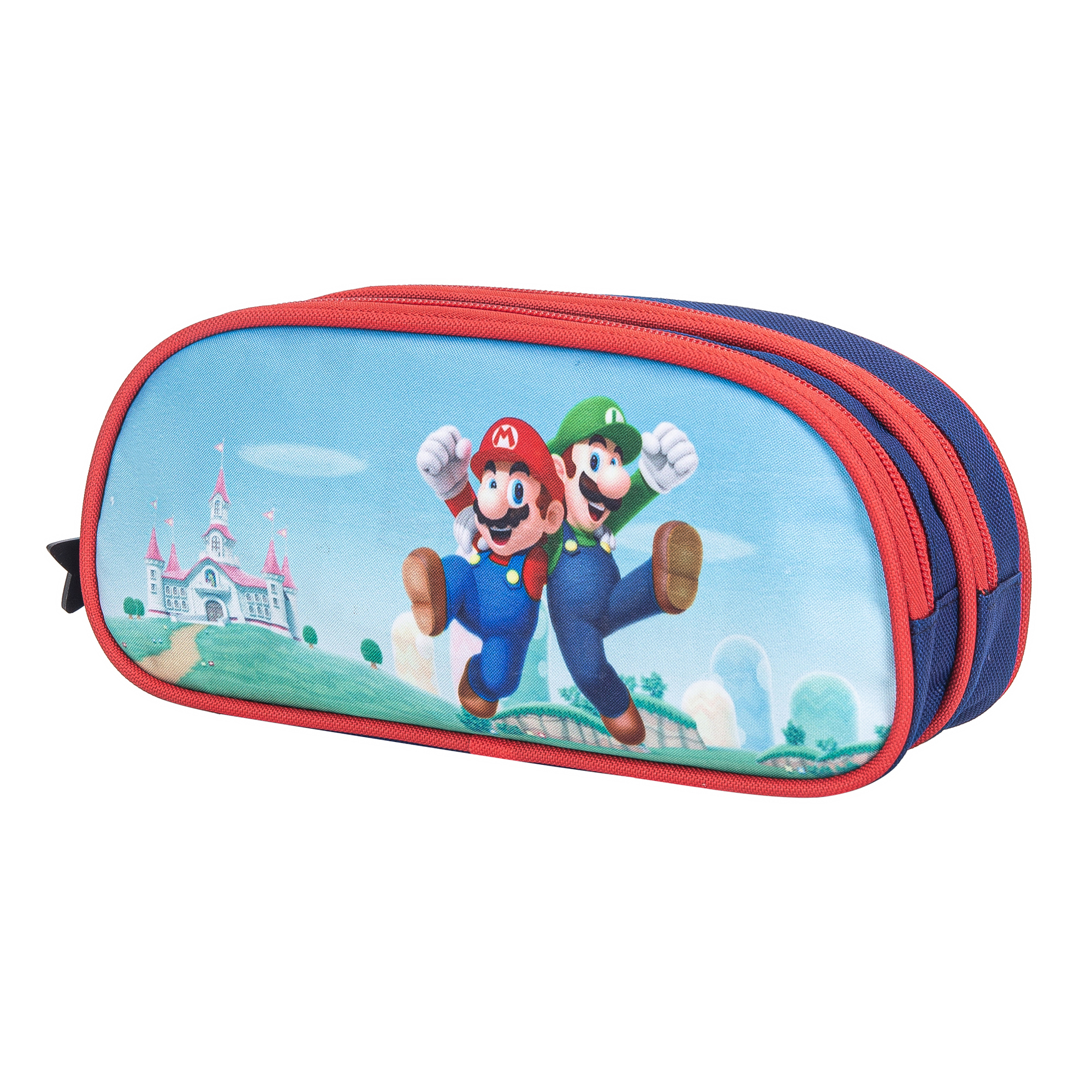 Mario e Luigi corrono su un paesaggio collinare verde davanti a un castello.