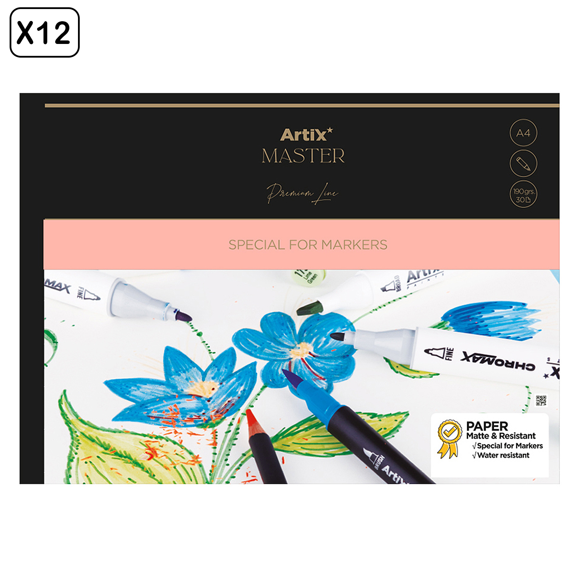 Papel Artix Master: flores azules y verdes, rotuladores y un lápiz rojo.