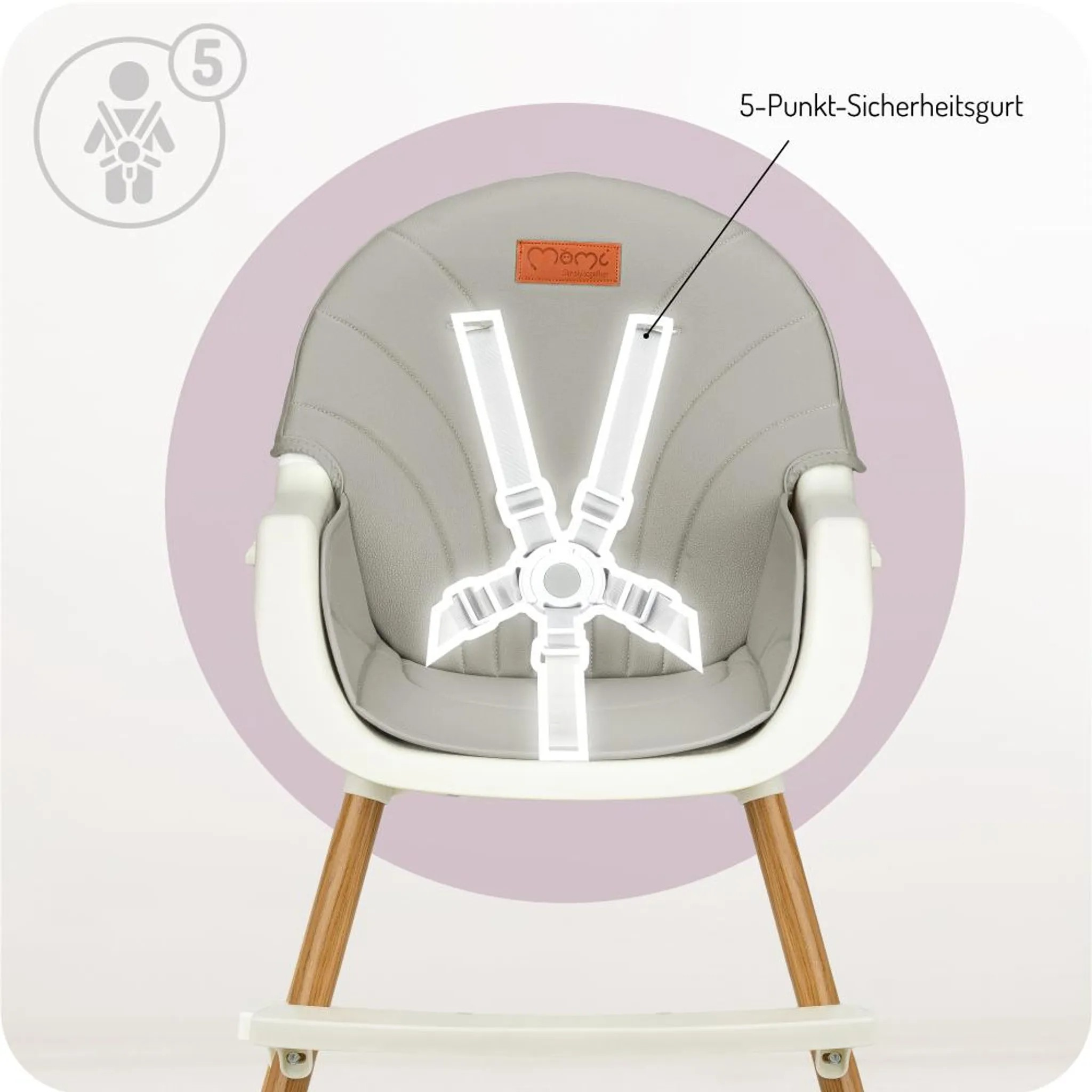 Grauer Kindersitz mit 5-Punkt-Gurt und Holzbeinen.