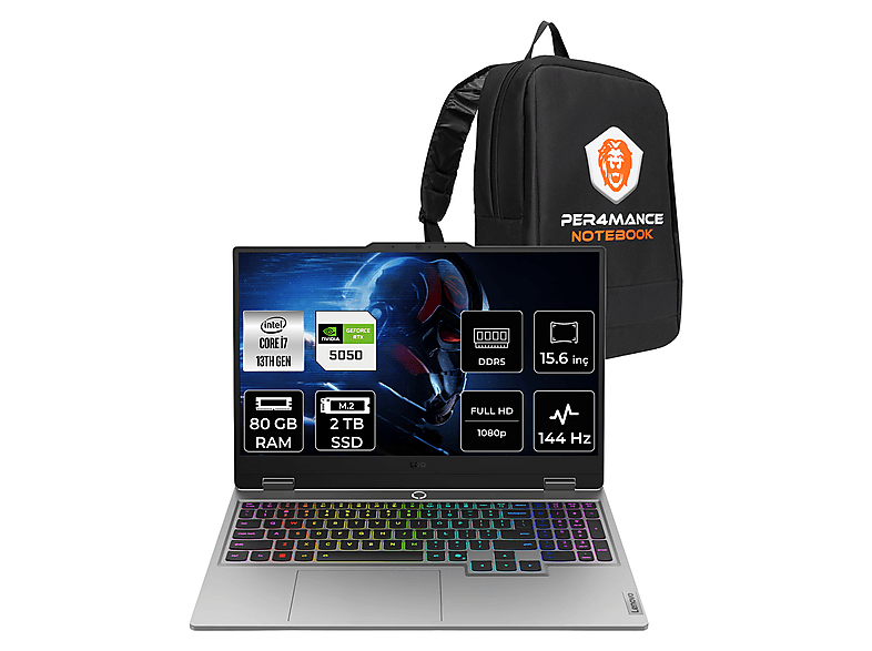 LENOVO LOQ i7 13700HX RTX5050/ FHD 83JE00KKTRP339 Intel Core i7-13700HX 80 GB RAM 2 TB SSD 15,6 inç FreeDOS Laptop + Çanta Luna Grey