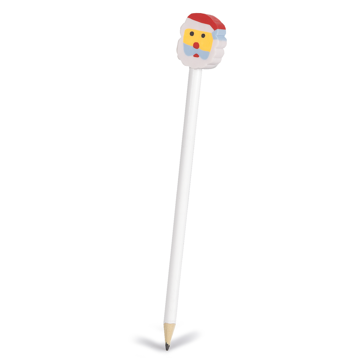 Una matita bianca con una gomma a forma di testa di Babbo Natale.