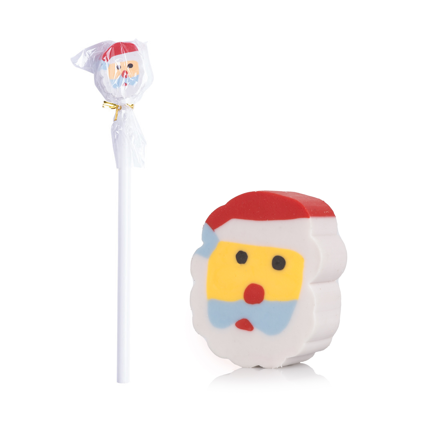Un lecca-lecca di Babbo Natale e un biscotto di Babbo Natale su sfondo bianco.