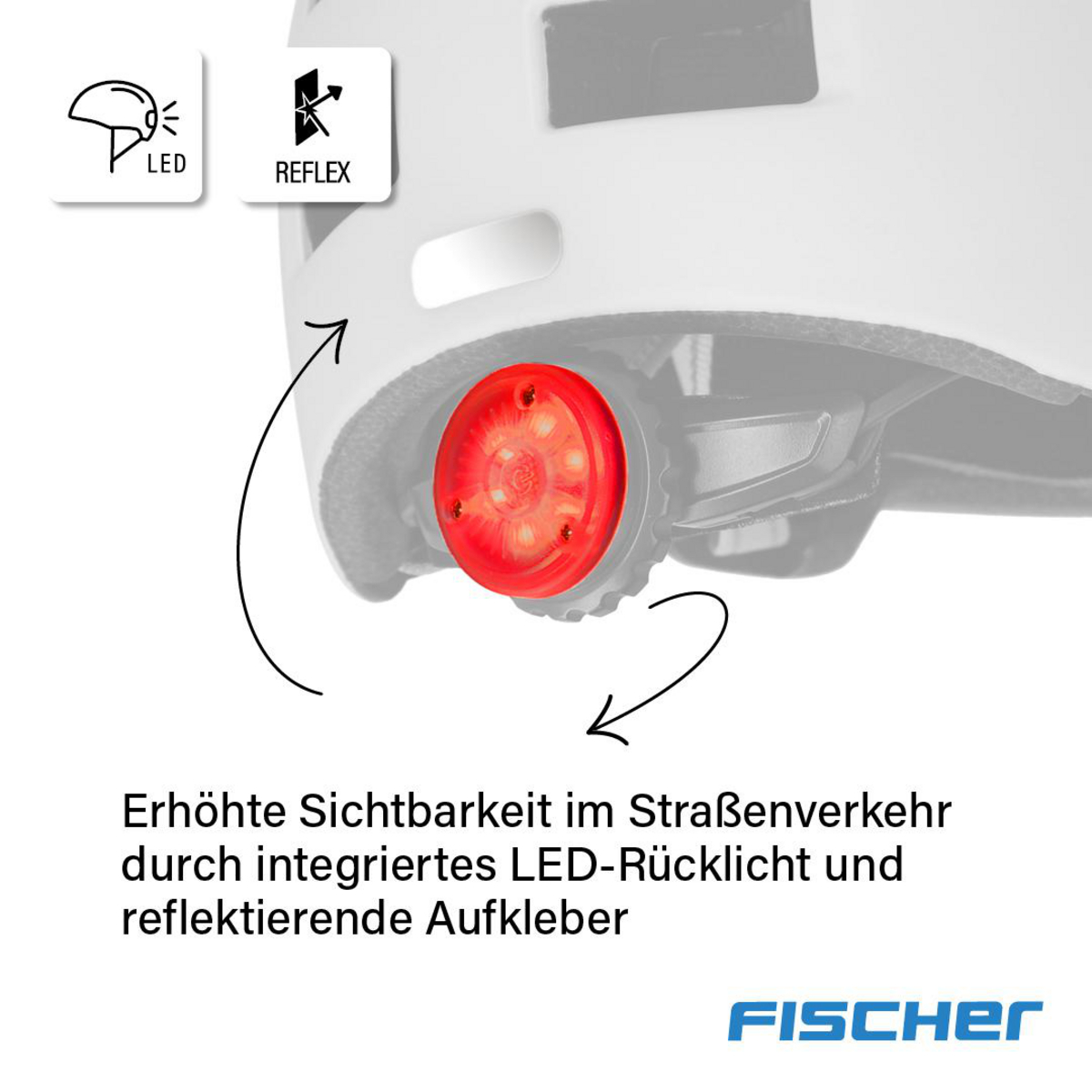 Fahrradhelm mit rotem LED-Rücklicht und Reflexionsaufklebern.