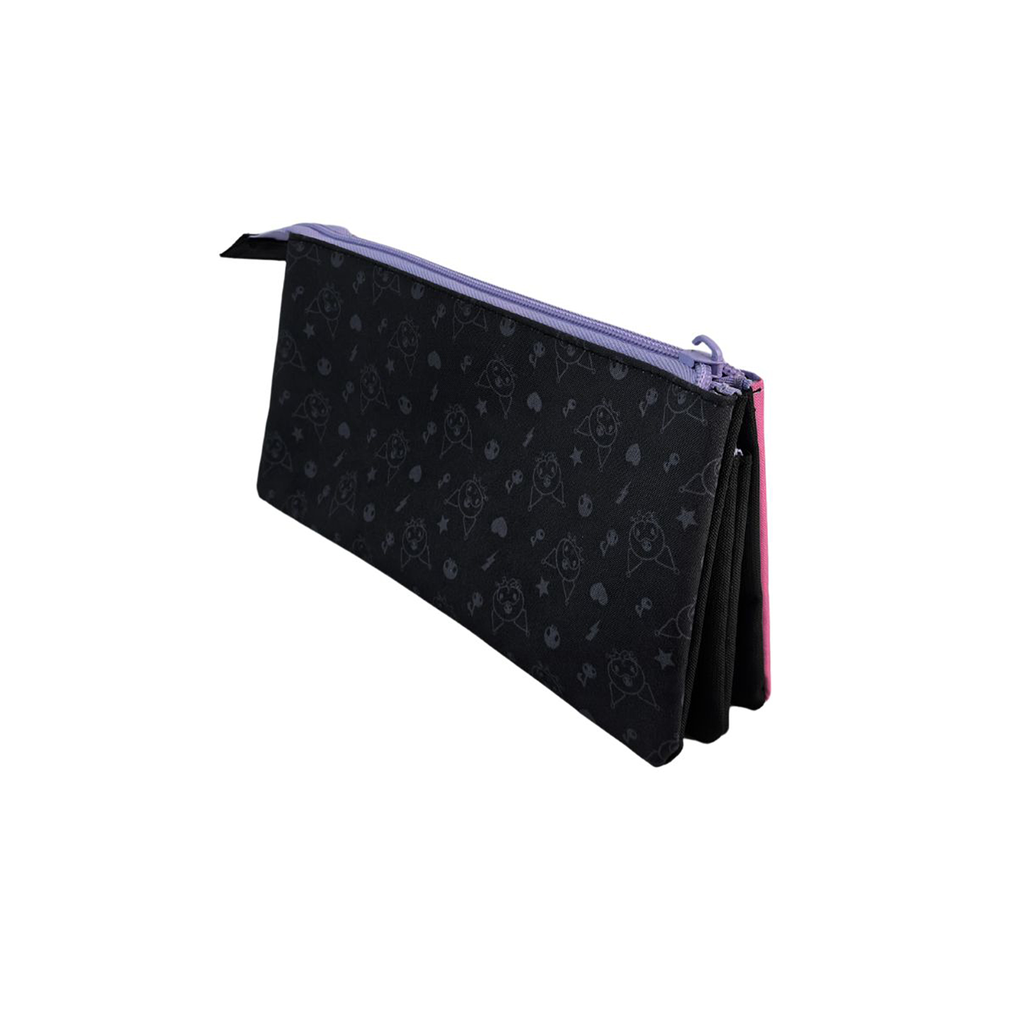 Estuche negro con cremallera morada y lindos estampados de dibujos animados.
