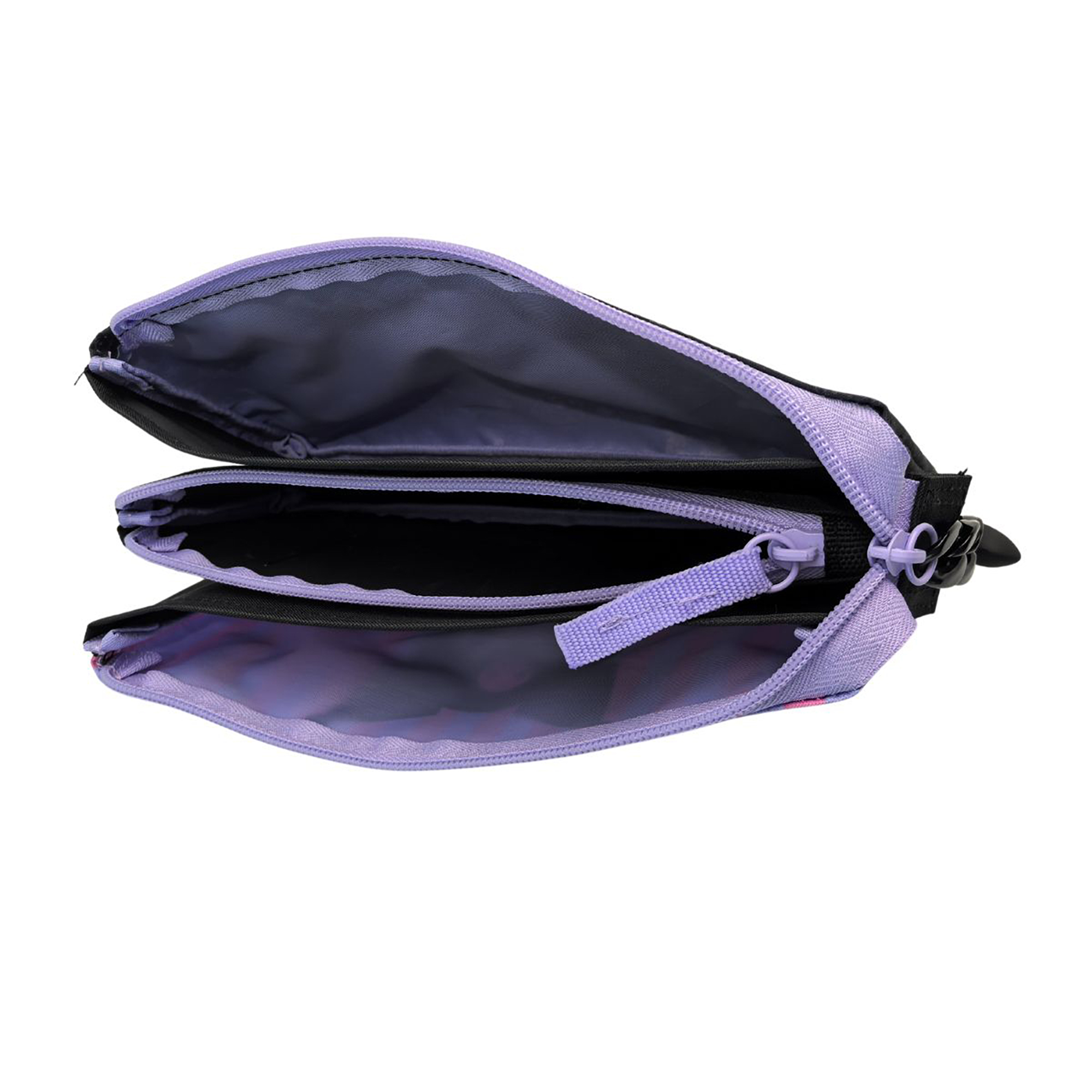 Un neceser lavanda abierto con tres compartimentos y cremalleras moradas.