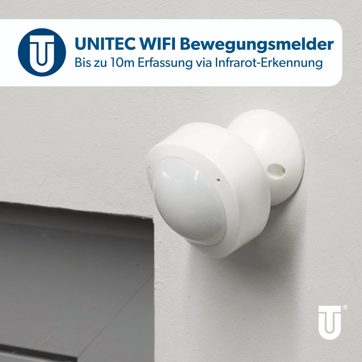 Weißer UNITEC Bewegungsmelder an einer grauen Wand, mit Logo.