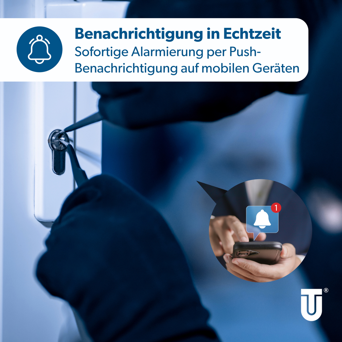 Einbrecher knackt Schloss, während ein Handy eine Benachrichtigung anzeigt.