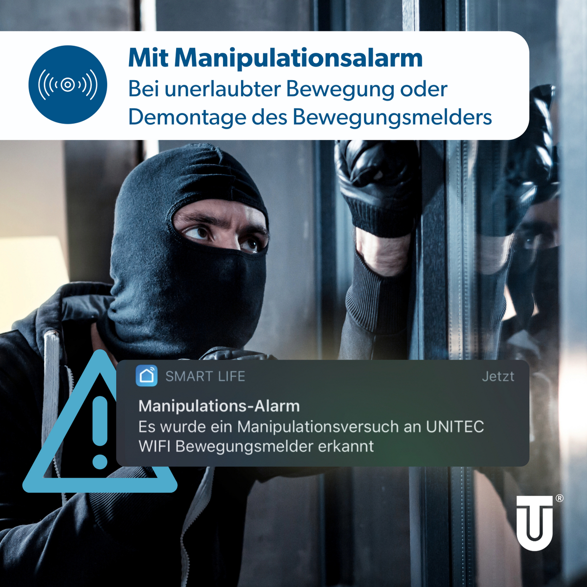 Ein Dieb mit Sturmhaube versucht, ein Schloss zu manipulieren. Ein Alarm wird ausgelöst.