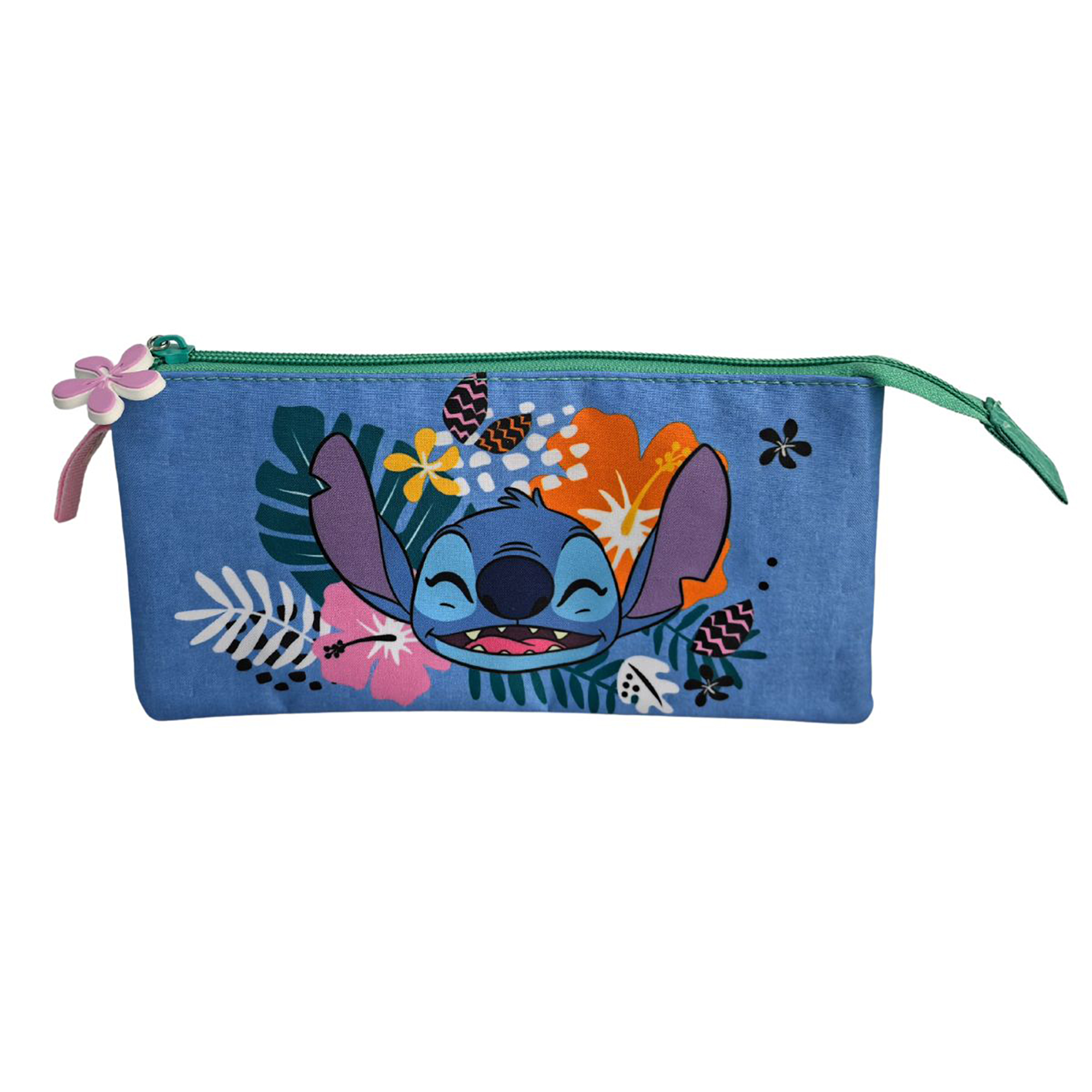 Astuccio blu con Stitch e fiori tropicali. Chiusura con zip in alto.