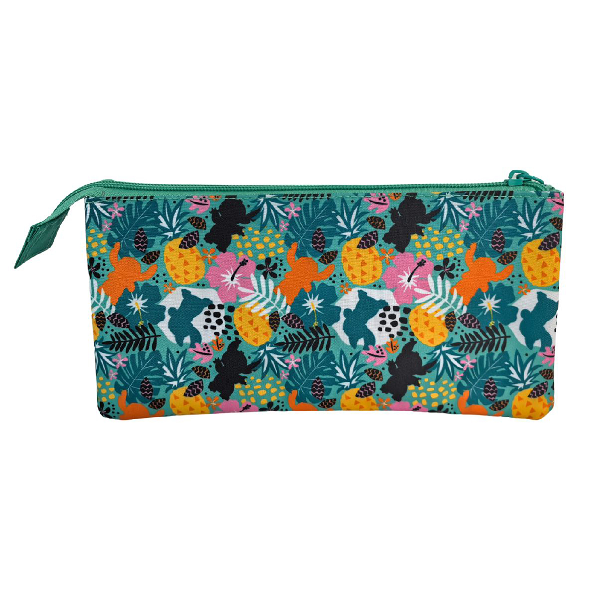 Beauty case verde con fantasia tropicale di ananas, fiori e figure.