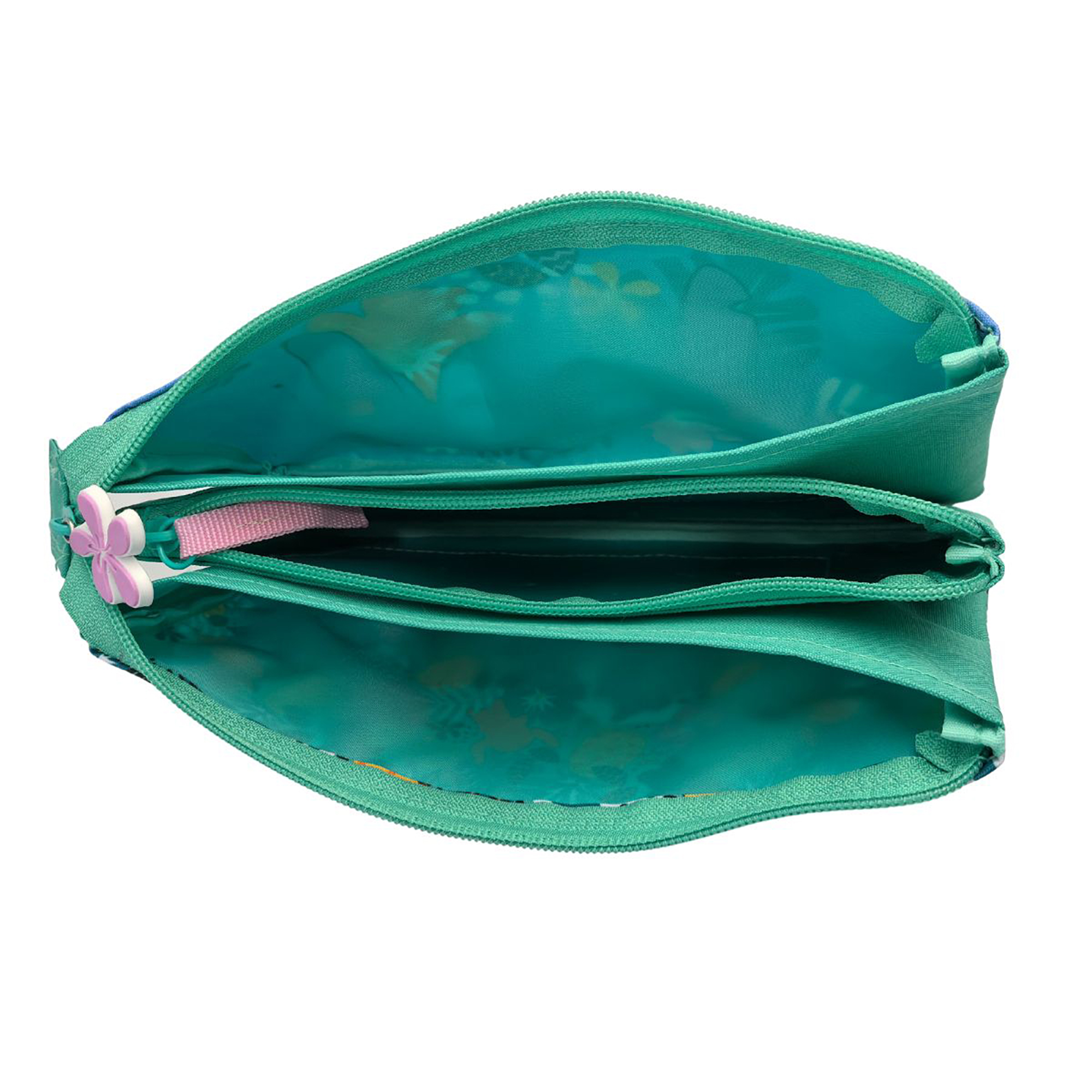 Un astuccio aperto verde acqua con tre scomparti e un tirazip a forma di fiore.