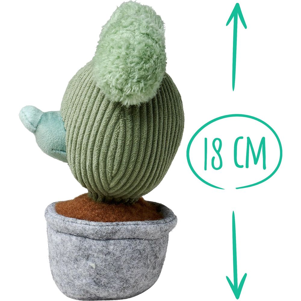 Peluche cactus vert dans un pot gris, marqué 18 cm.