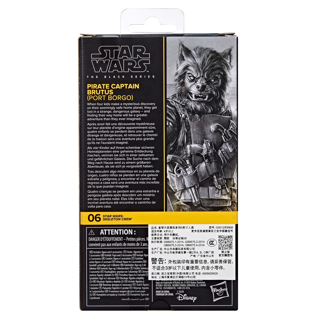 Star Wars Black Series-Figur von Brutus (Port Borgo) mit Text und Warnhinweisen.