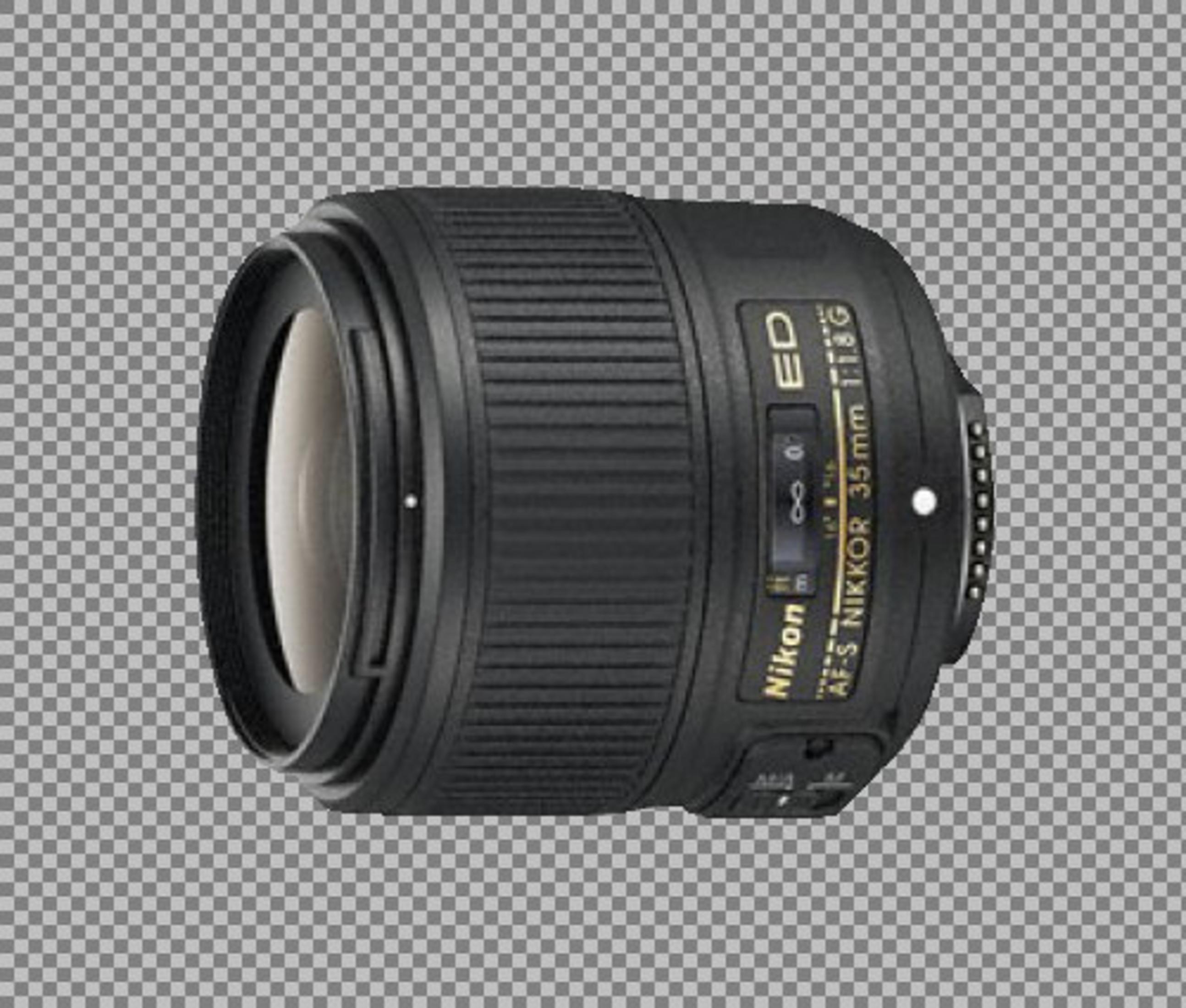 Ein schwarzes Nikon AF-S NIKKOR 35mm 1:1.8G Objektiv mit Fokusring.