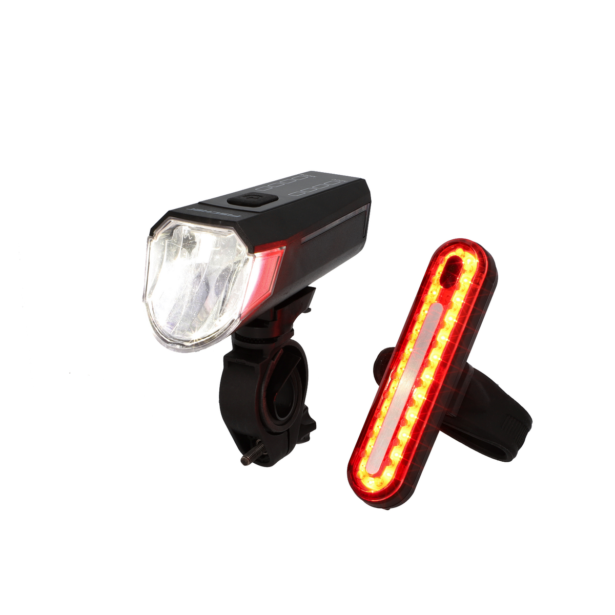 Ein schwarzer Fahrradscheinwerfer und ein rotes Rücklicht mit LEDs auf weißem Hintergrund.