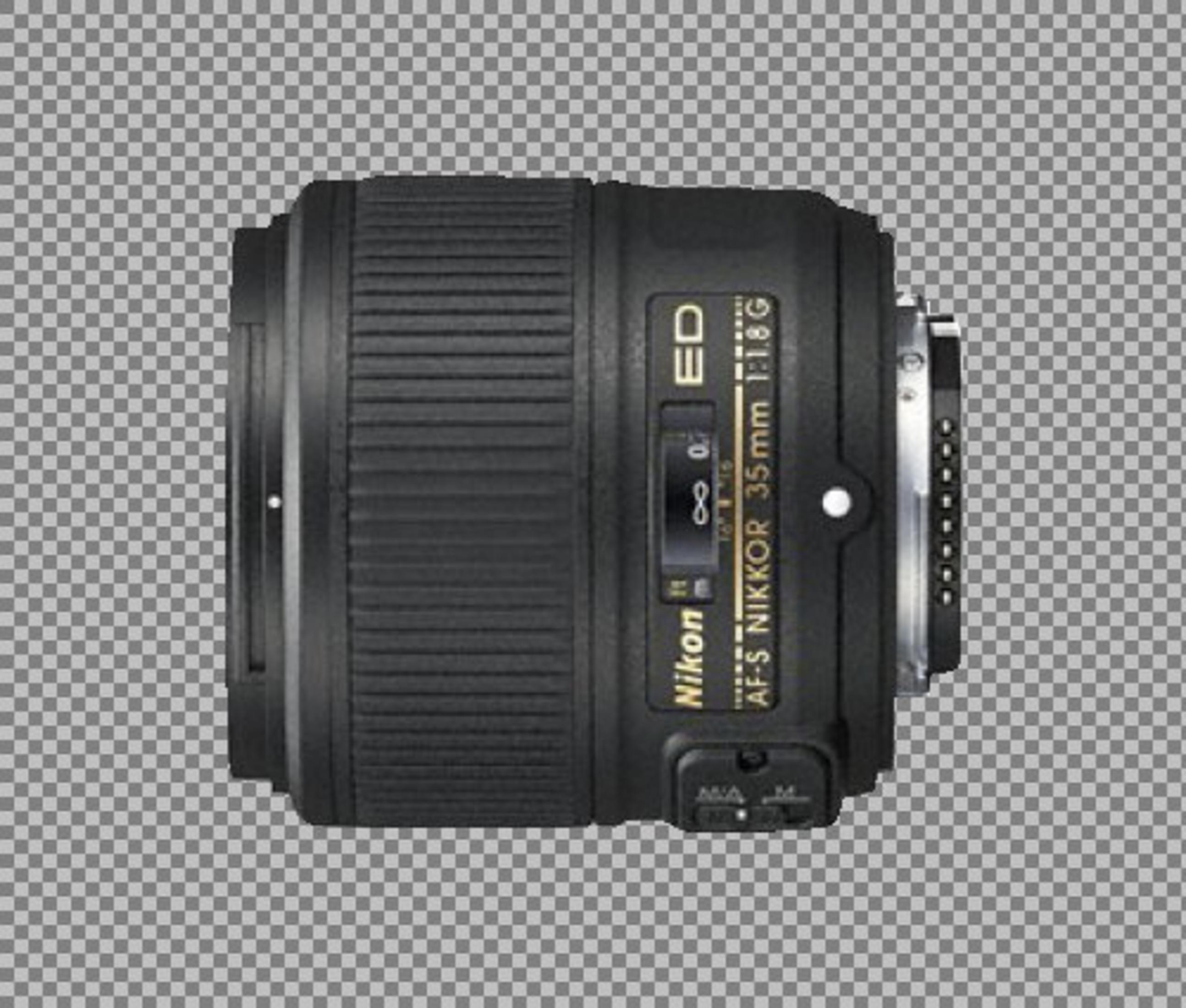 Nikon AF-S NIKKOR 35mm 1:1.8G Objektiv mit Fokus- und Blendenanzeige.