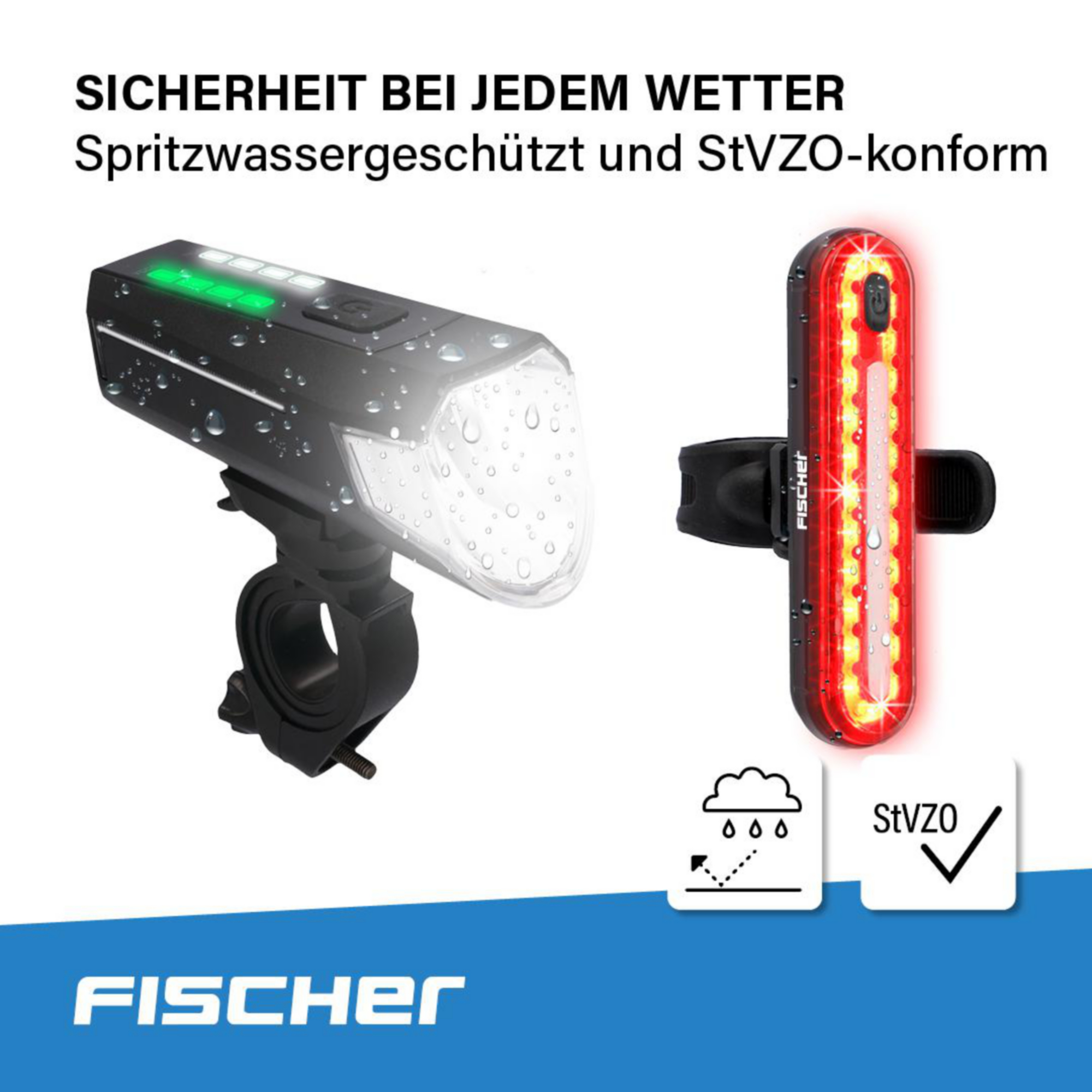Fahrradbeleuchtung: Frontlicht mit grünen LEDs, spritzwassergeschützt, StVZO-konform.