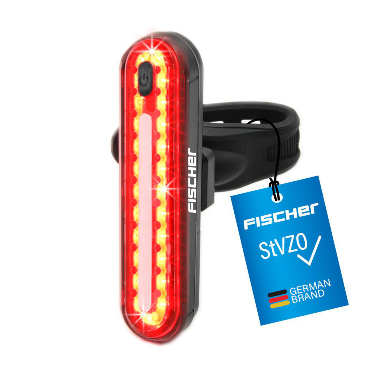 Rücklicht für Fahrräder mit rotem LED-Streifen und Fischer-Logo.