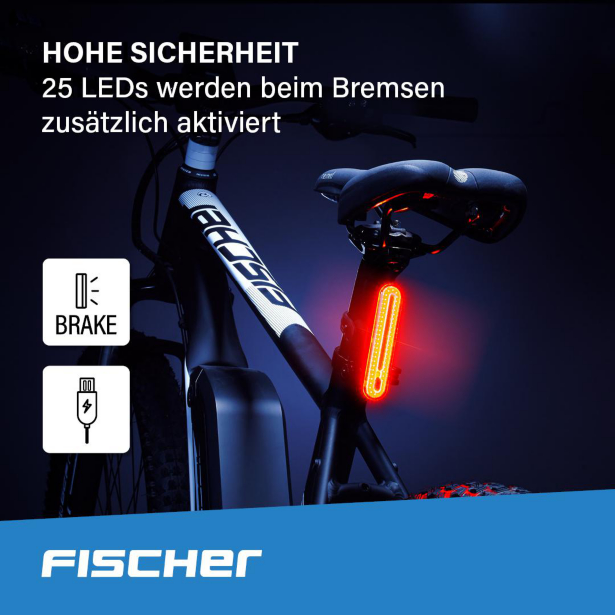 Fahrrad mit leuchtendem roten Rücklicht, Brems- und Ladeanzeige.