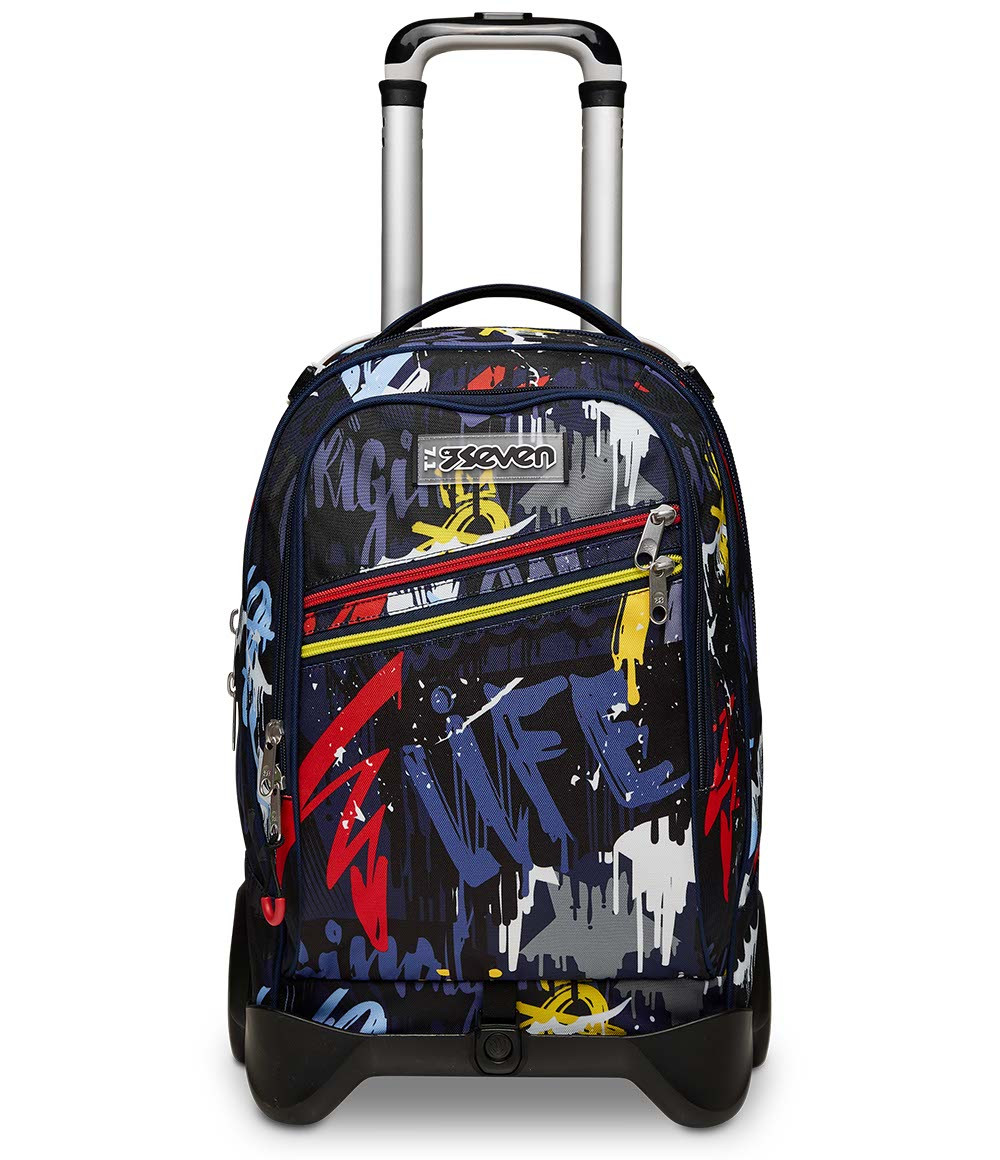 Uno zaino con rotelle blu scuro con arte graffiti rossa, gialla e bianca.