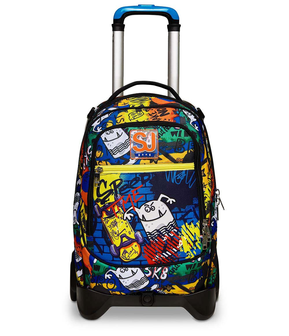 Zaino con ruote colorato con stampa graffiti di skateboard e mostri.