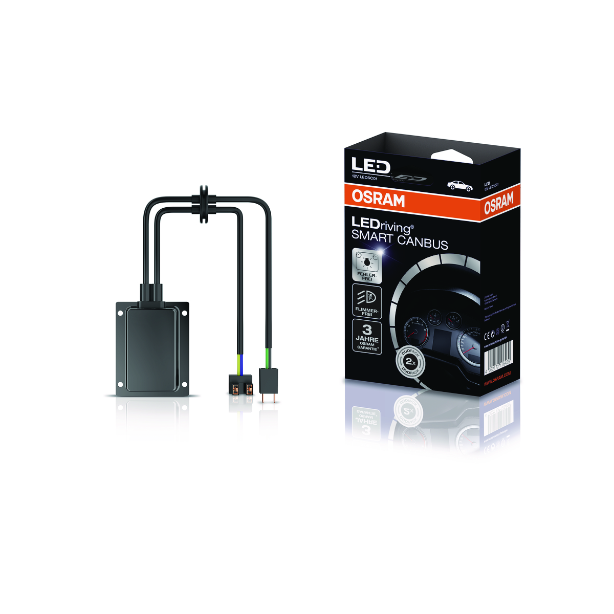 Ein schwarzer CANbus-Adapter von Osram mit Kabeln und Verpackung.