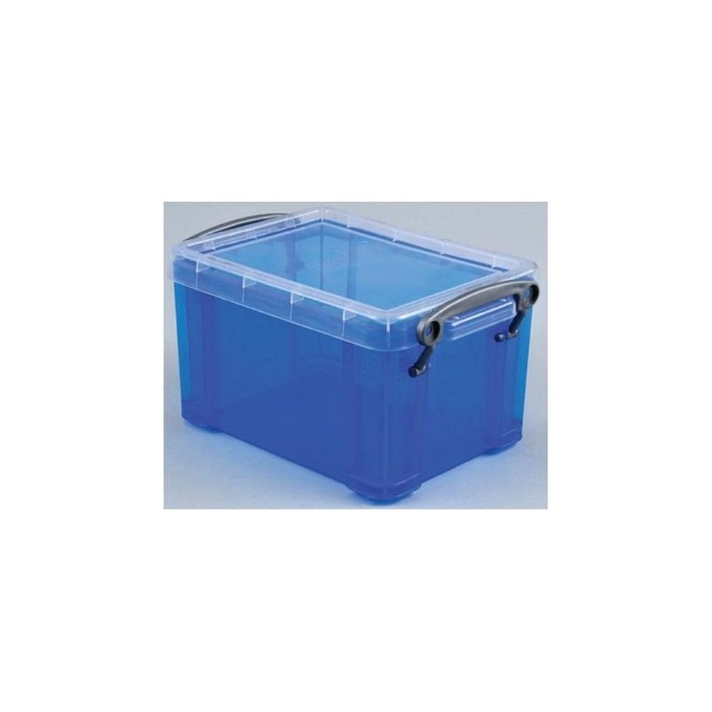 Ein durchsichtiger blauer Aufbewahrungsbehälter mit Griffen und einem transparenten Deckel.