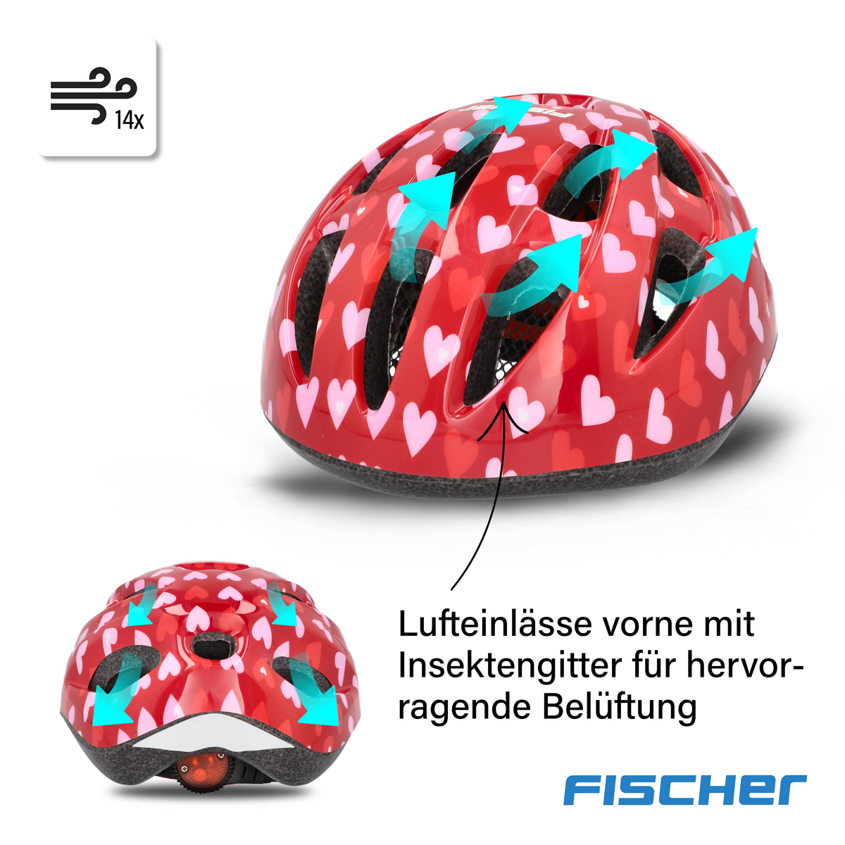 Ein roter Helm mit Herzen und Pfeilen, die die Luftzirkulation zeigen.