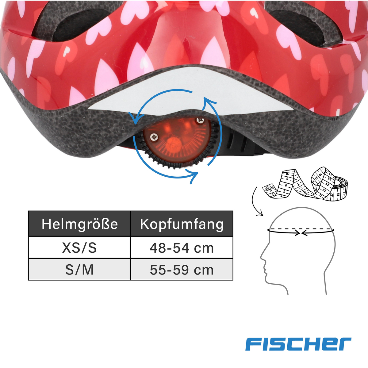 Ein roter Fahrradhelm mit rosa Herzen, Größeninfo, Maßband und Kopfumriss.