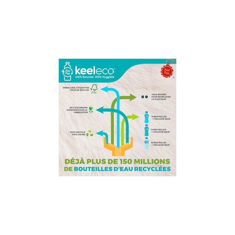 Infographie montrant des jouets Keelco fabriqués à partir de bouteilles en plastique recyclées.