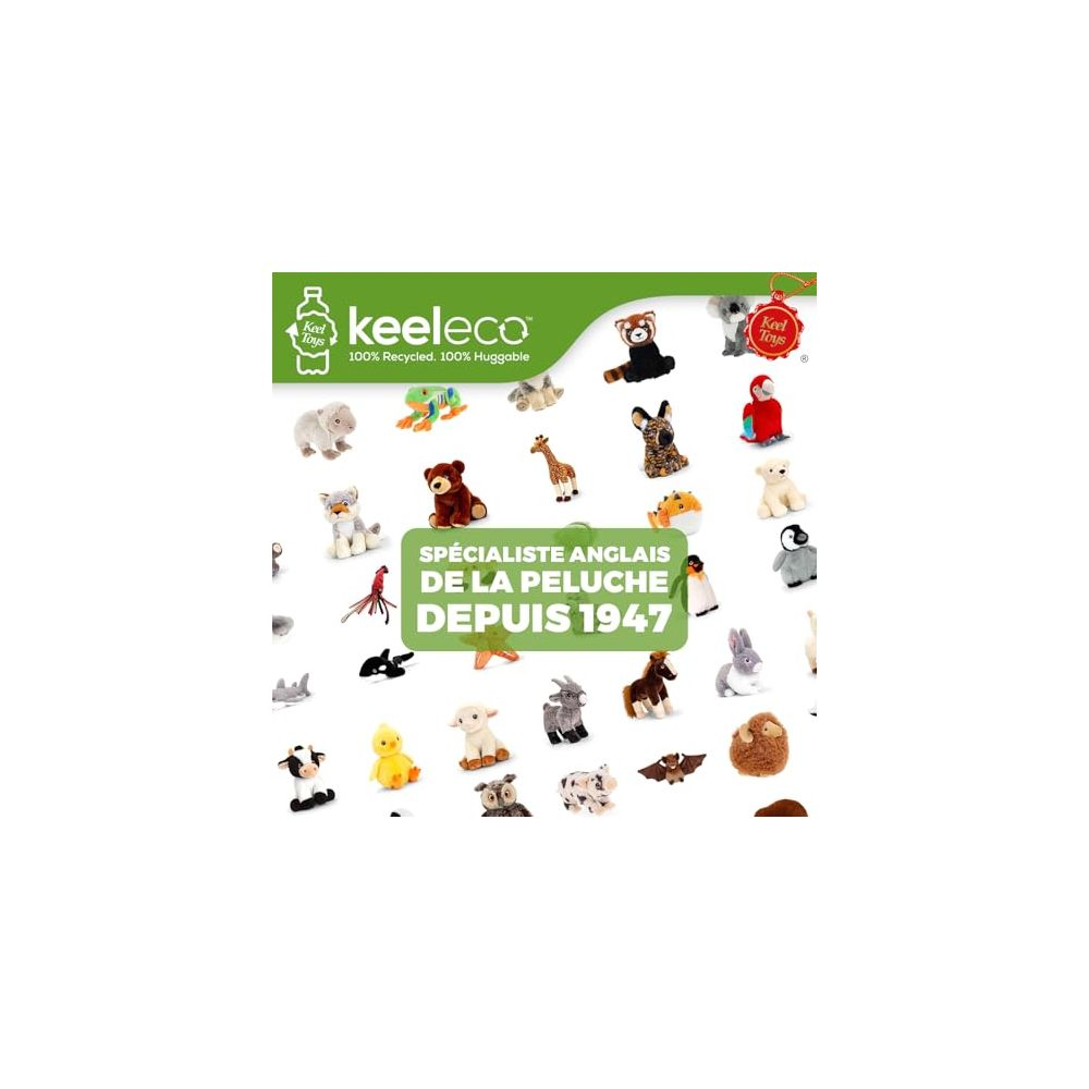 Beaucoup de peluches différentes sur fond blanc avec logo Keeleco.