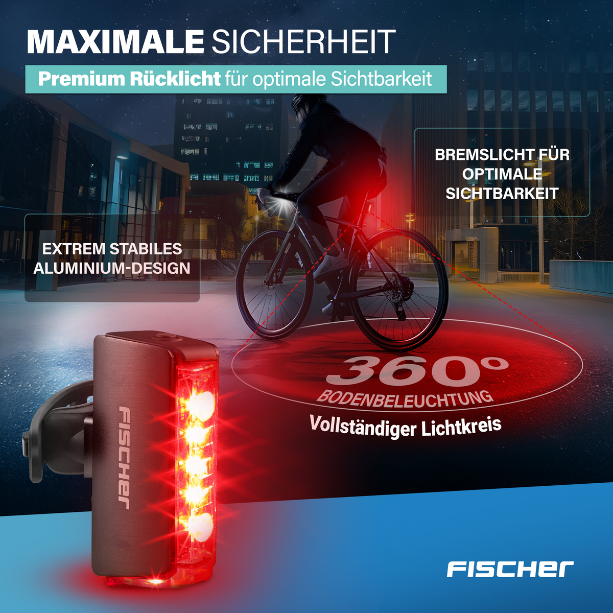 Fahrradrücklicht mit 360 Grad Ausleuchtung, Aluminium-Design.
