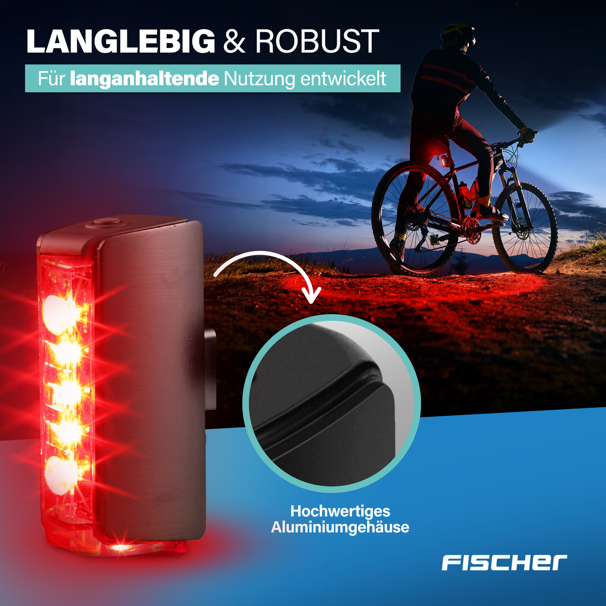 Ein rotes Fahrradrücklicht und ein Radfahrer in der Dämmerung. Text: Langlebig & Robust.