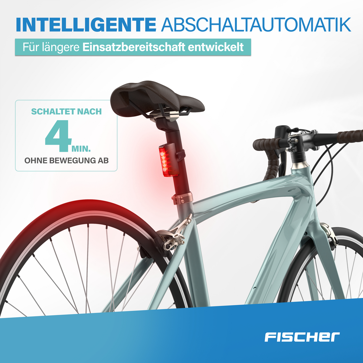 Graues Fahrrad mit rotem Rücklicht, das sich nach 4 Min. ohne Bewegung abschaltet.