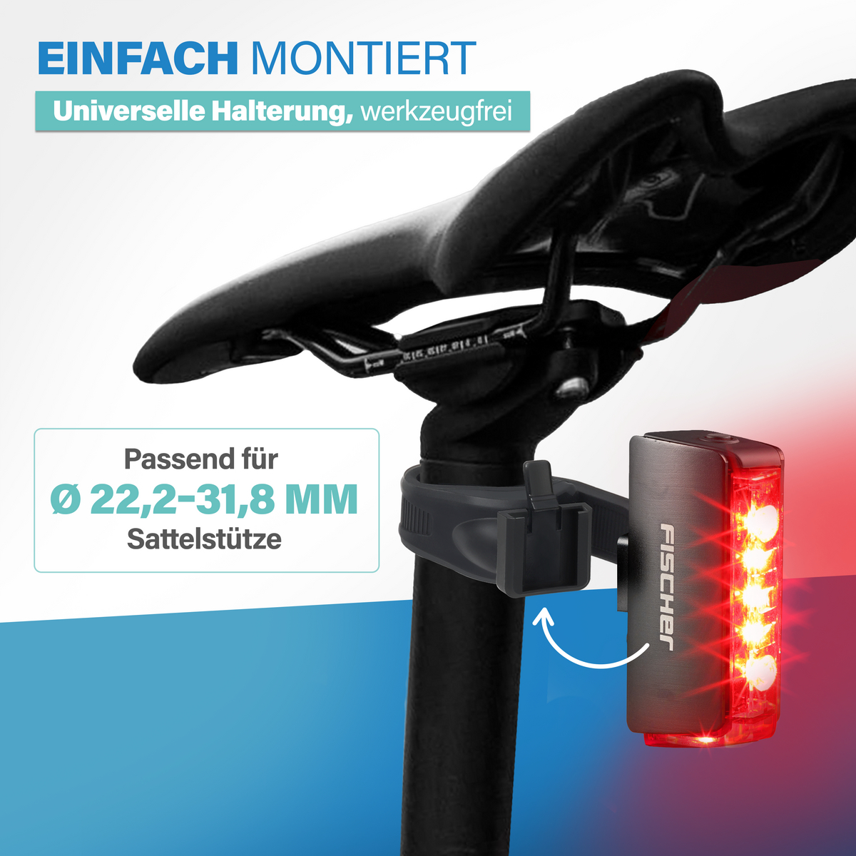 Rücklicht am Fahrradsattel montiert. Passt für 22,2-31,8 mm Sattelstützen.