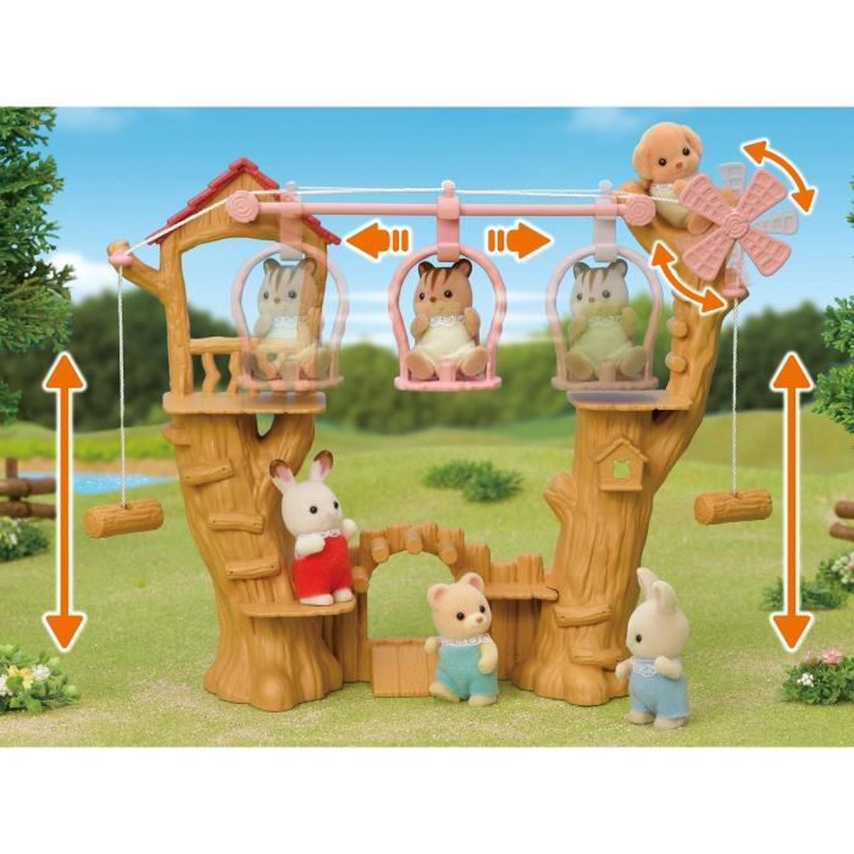 Una casa del árbol de Sylvanian Families con columpios, teleféricos y figuras de animales.