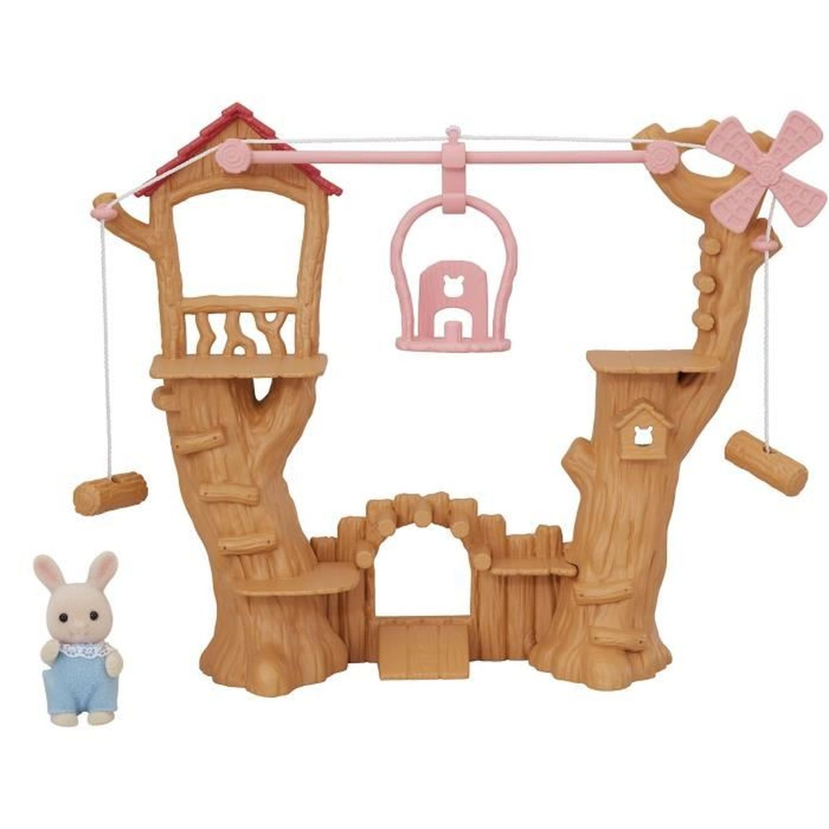 Un parque infantil de casa del árbol con figura de conejo, columpios y molino.