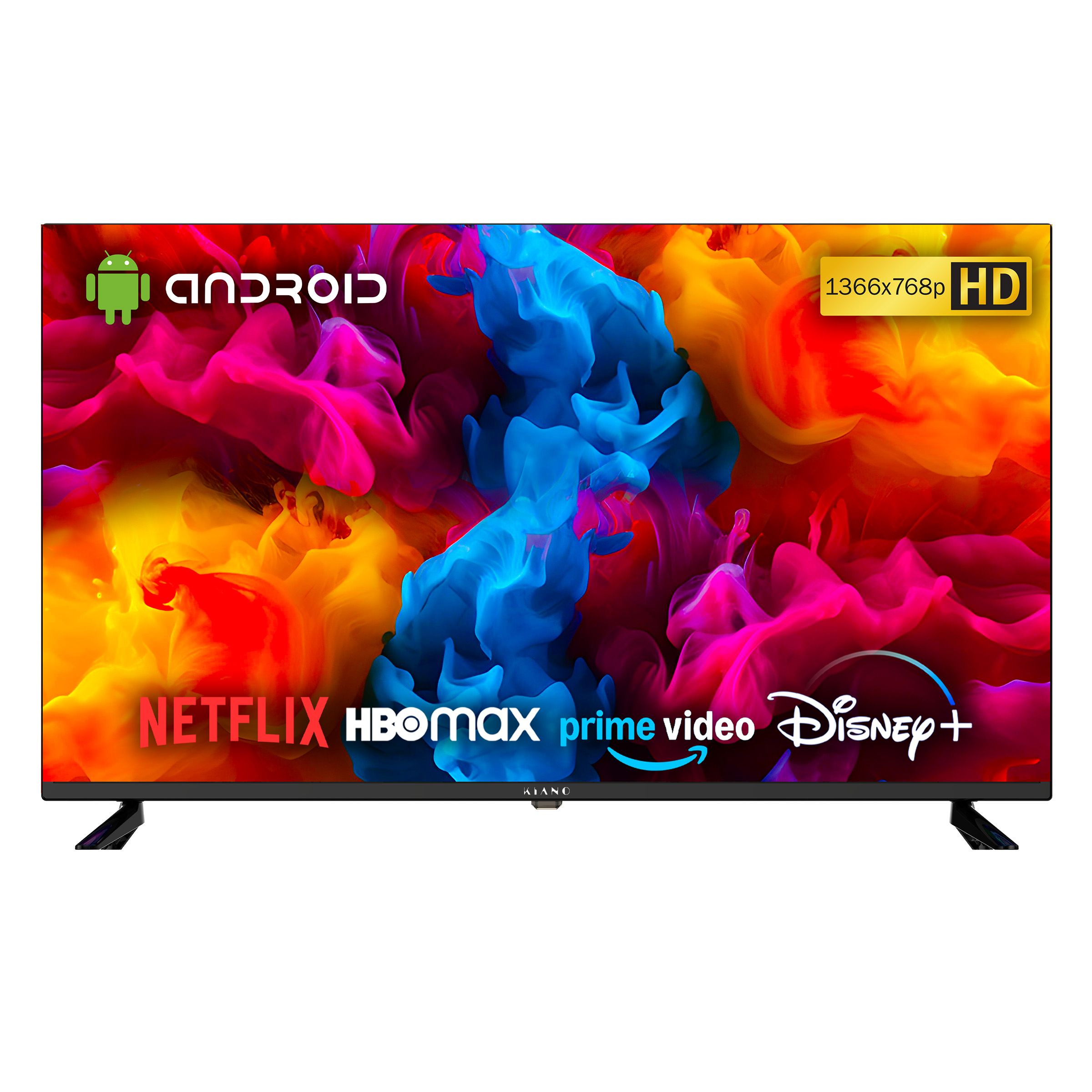 Telewizor z logo Android i usługami streamingowymi na kolorowym tle.