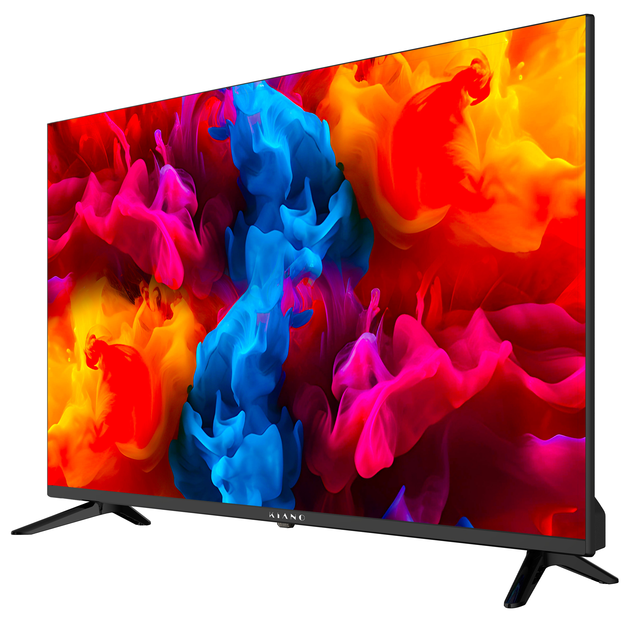 Czarny telewizor wyświetlający żywy obraz czerwonych, niebieskich i żółtych chmur dymu.