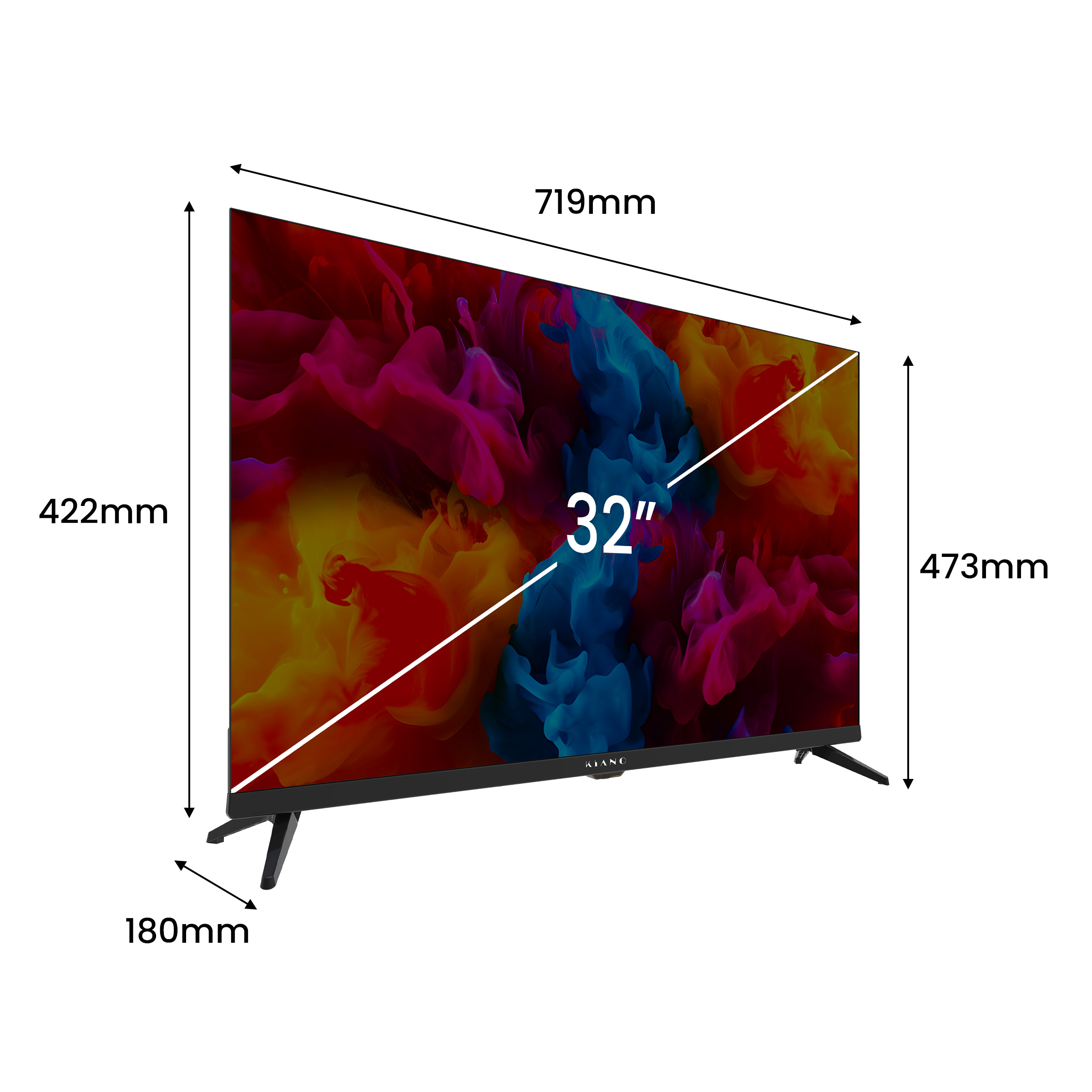 Telewizor 32-calowy z kolorową grafiką dymu i wymiarami.